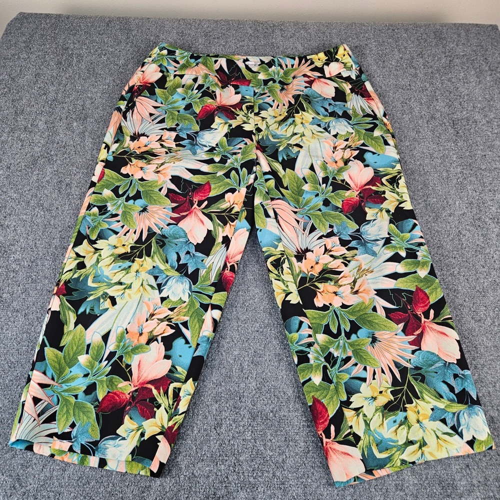 Avenue Womens Floral Wide Leg Cropped Pants Black Multi Stretch Size 14 RN138302